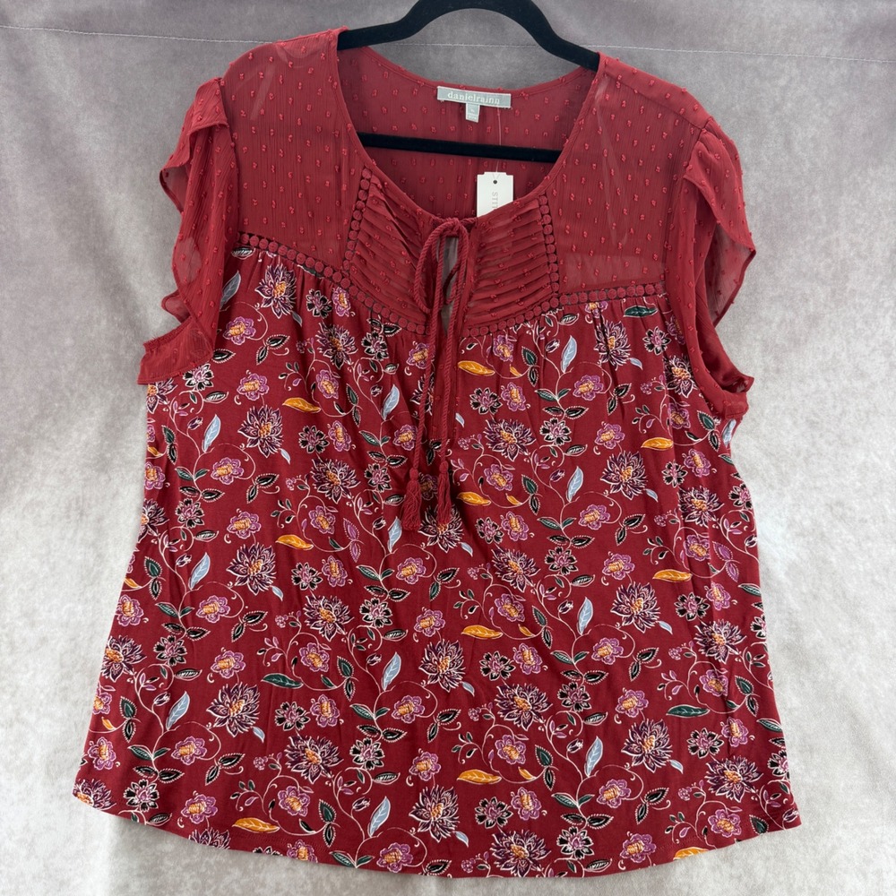 NWT Daniel Rainn Stitch Fix Floral Swiss Dot Flutter Sleeve Blouse XL Red Boho